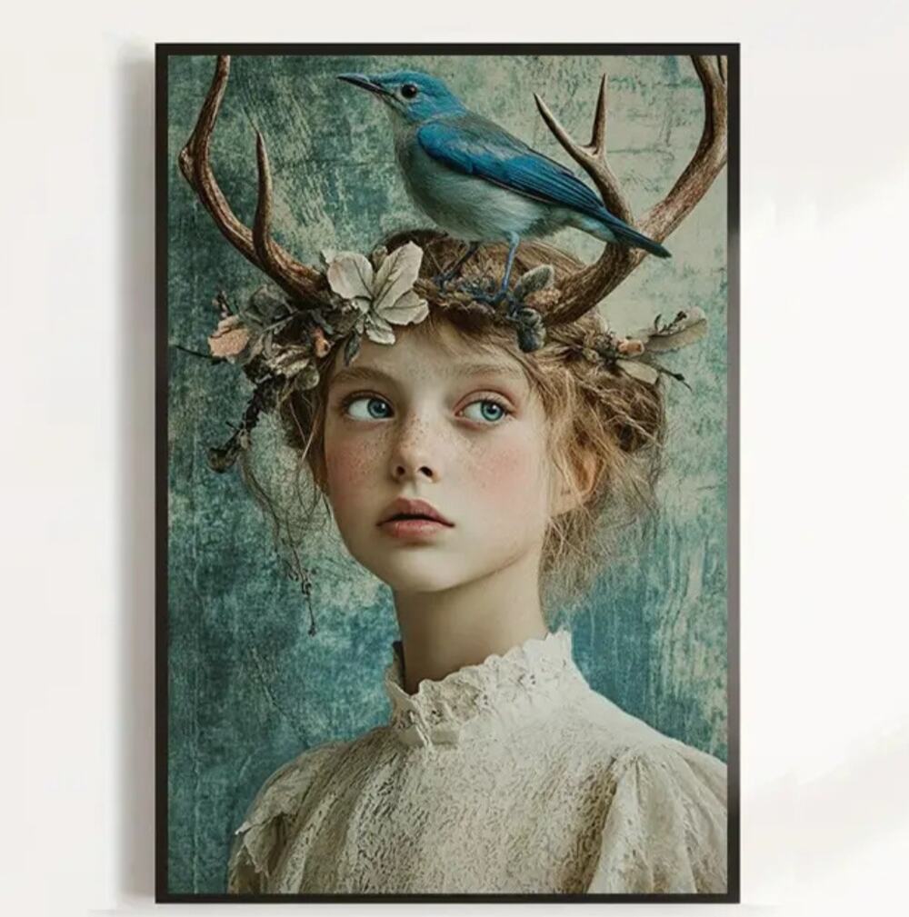 Deer Girl Canvas Art Print 12"×16" Rebirth Spring Blue Bird Fairycore Folklore